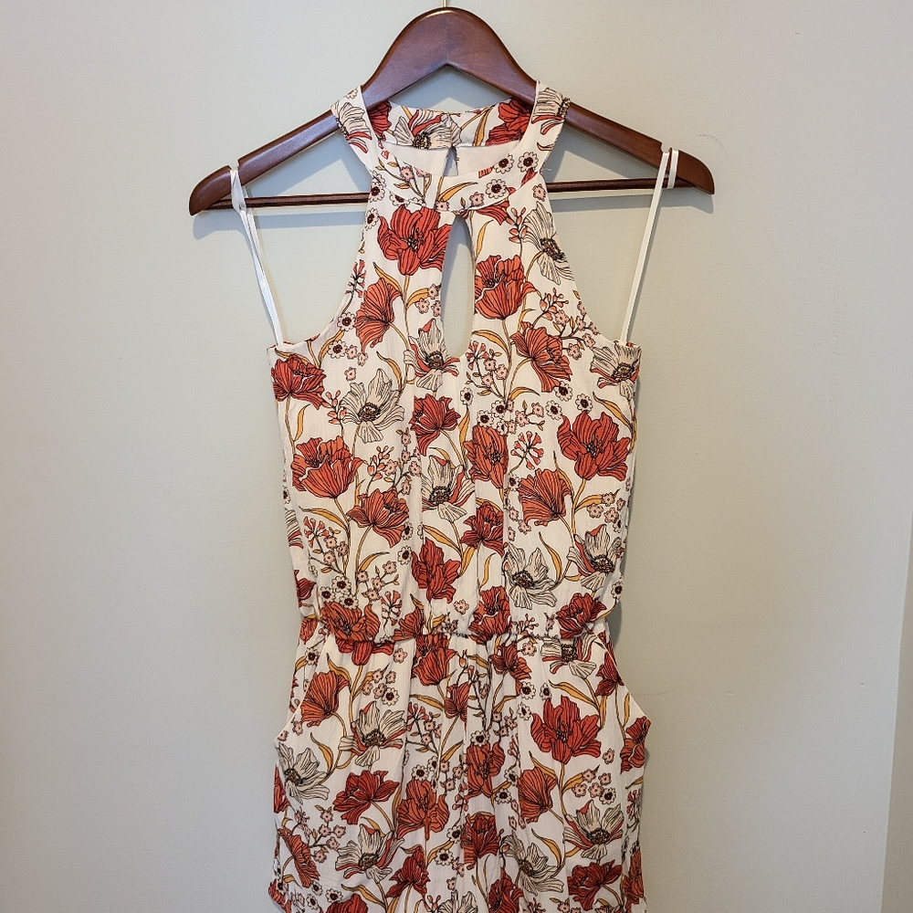 One Clothing Red and Orange Floral Halter Jumpsuit